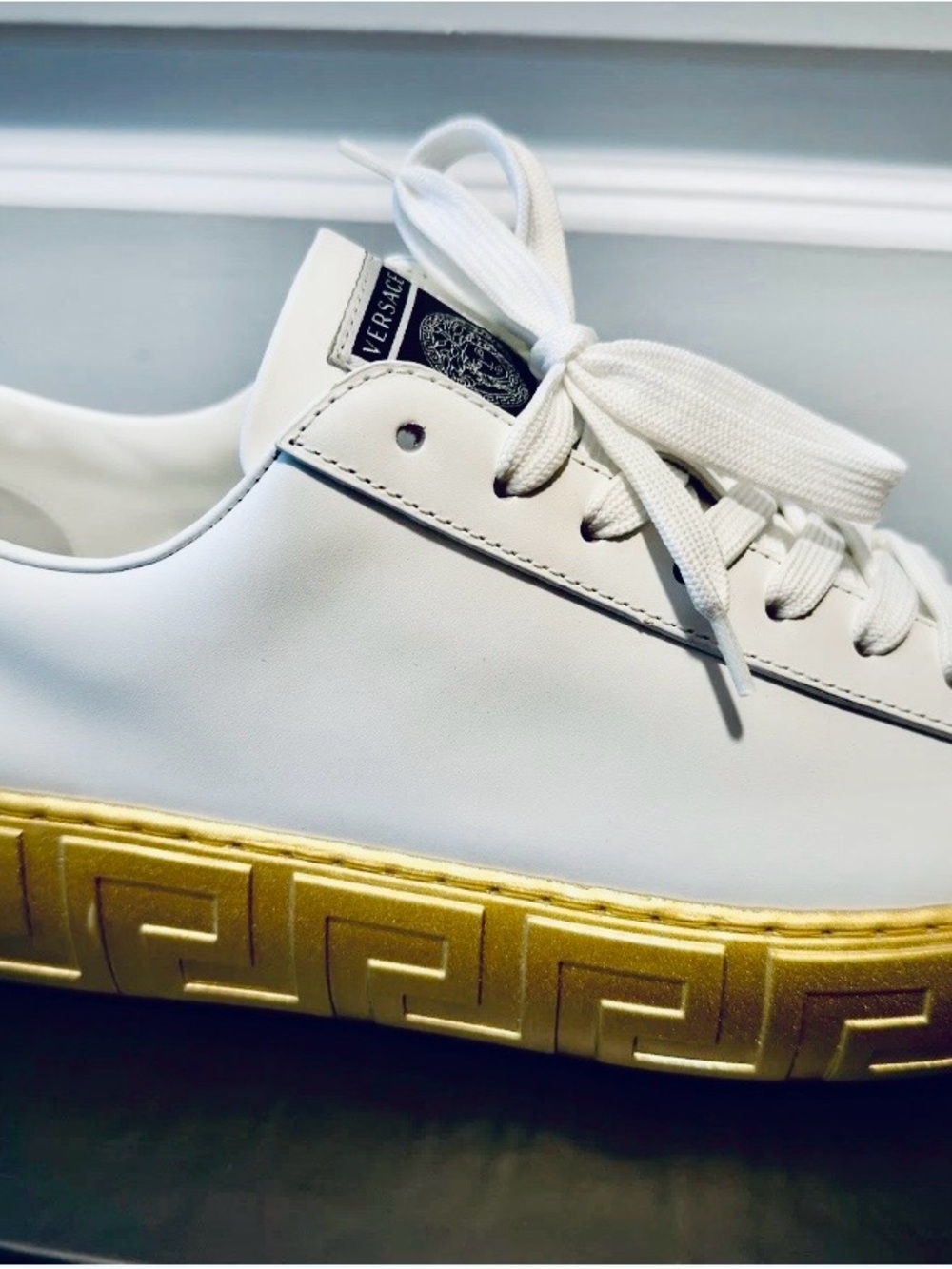 Versace White Leather Low-Top Sneakers with Gold Sole - Picture 3 of 6